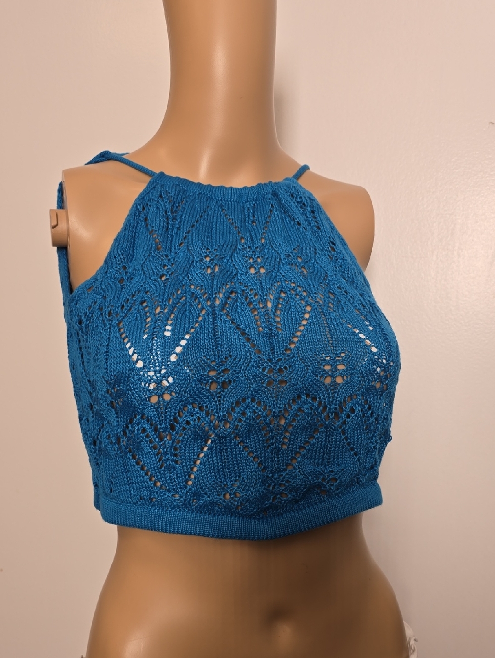 Women's Blue Crochet Halter Crop Top - S